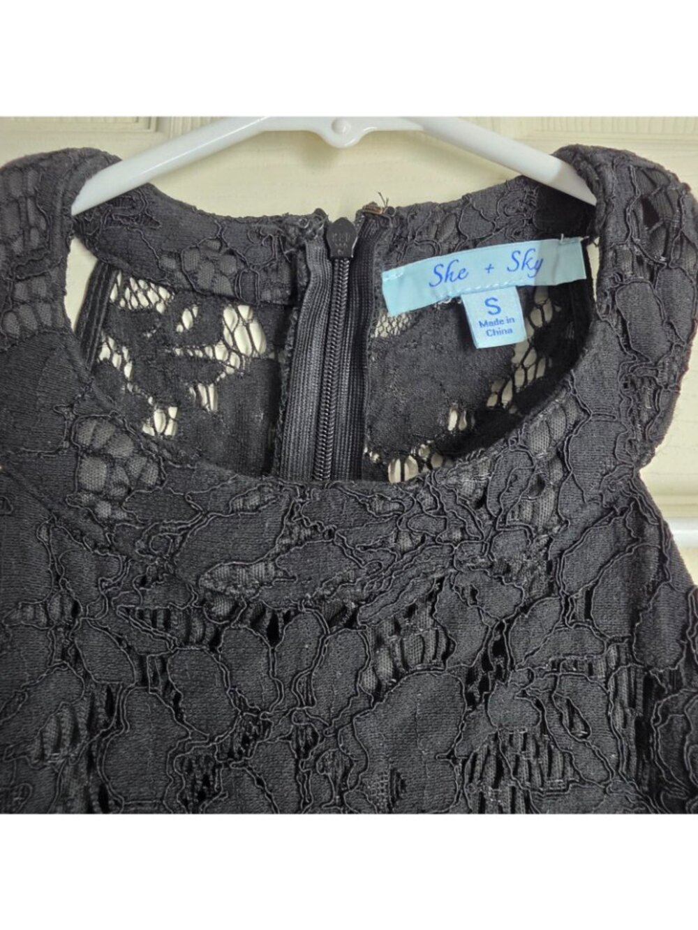 She+Sky Black Crochet Lace Dress Small Mock Neck Fringe Hem Boho Gothic Cocktail - Picture 11 of 13